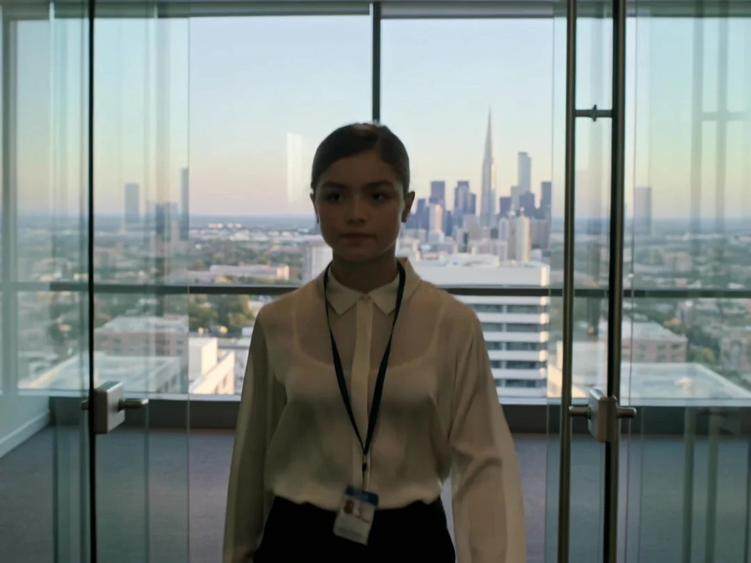 A Delta intern with a company lanyard in a glass office above the city