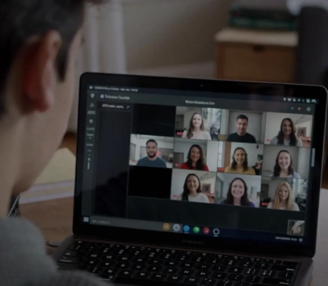 A student on a video call with a consulting team